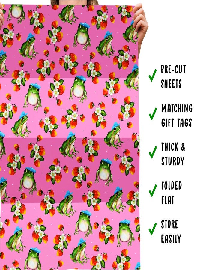 CENTRAL 23 - Pink Wrapping Paper - 6 Birthday Gift Wrap Sheets - For Women Girls Female - Frogs and Strawberries - Recyclable - Image 5